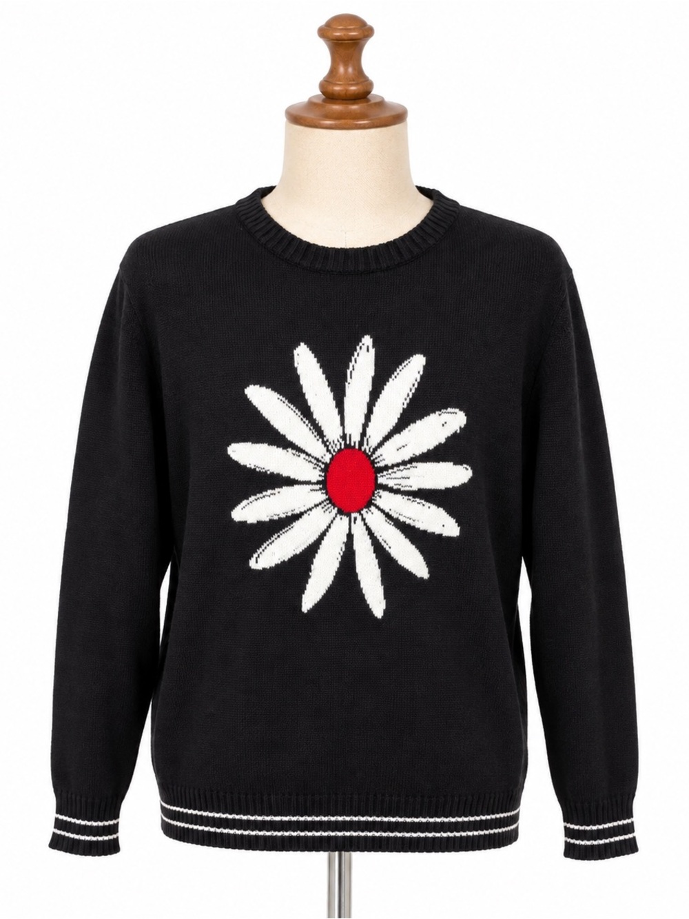 Women's Black Crewneck Sweater with White Daisy and Red Center